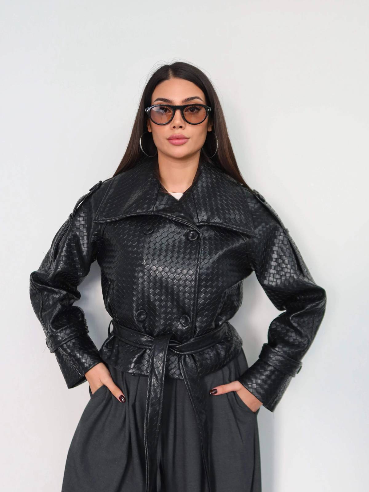 Wide Collar Belted Leather Jacket