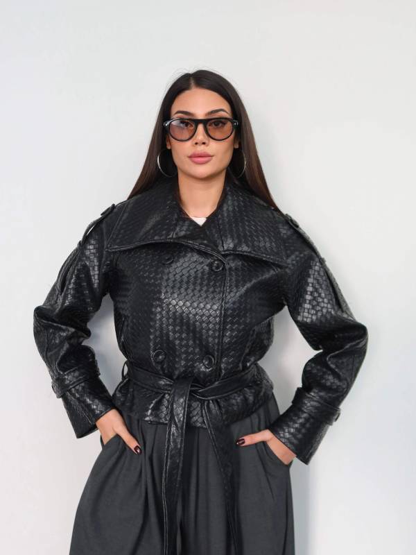 Wide Collar Belted Leather Jacket