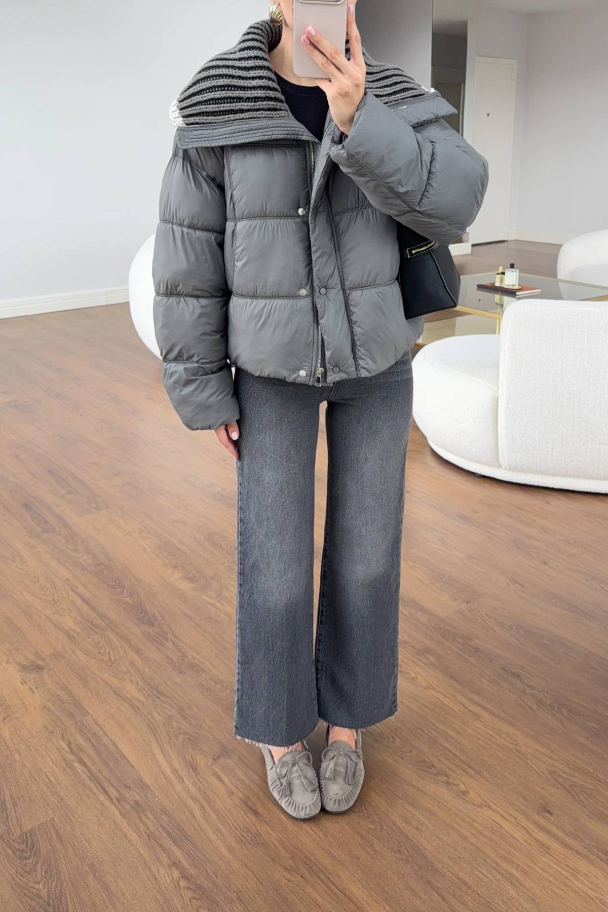 Grey Knit Neck Detail Puffer Mont — photograph 4