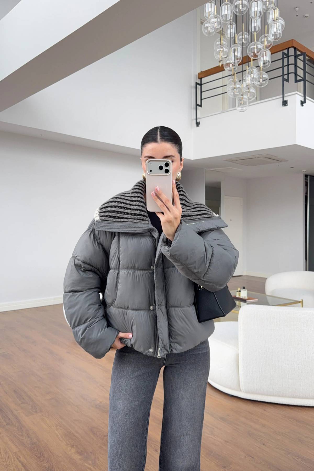 Knit Collar Detail Puffer Coat