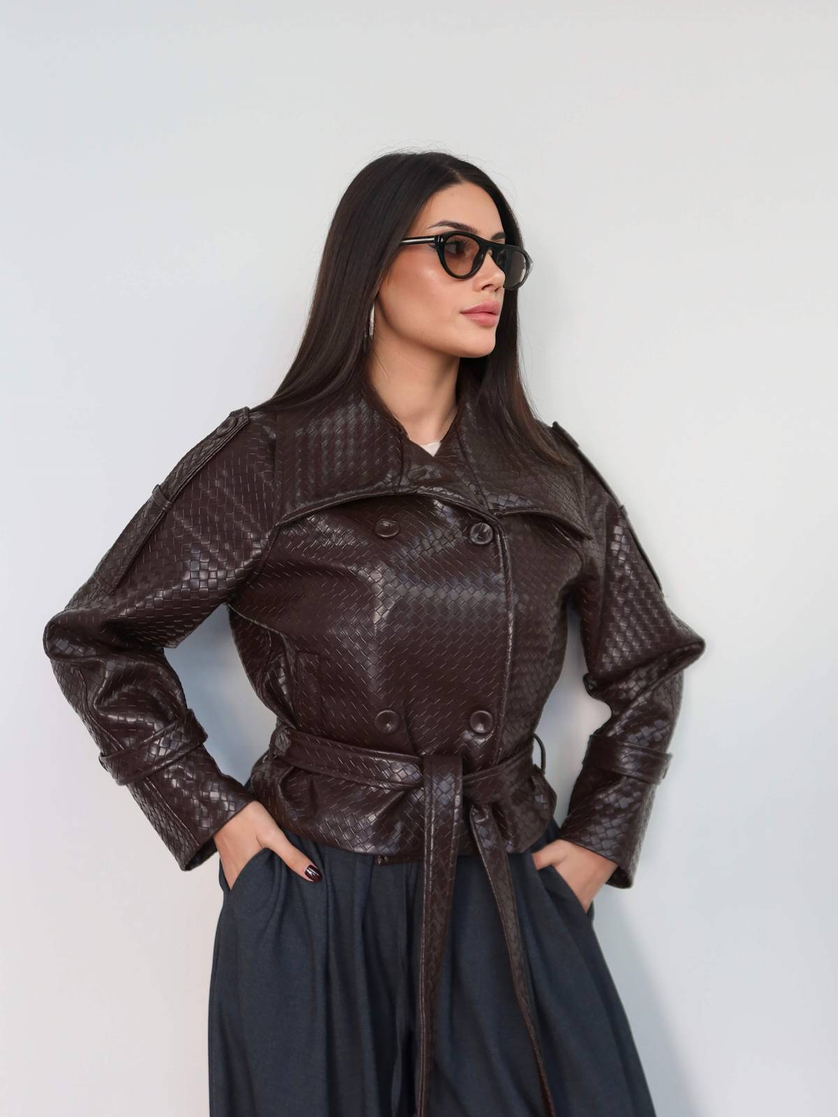 Wide Collar Belted Leather Jacket — photograph 2