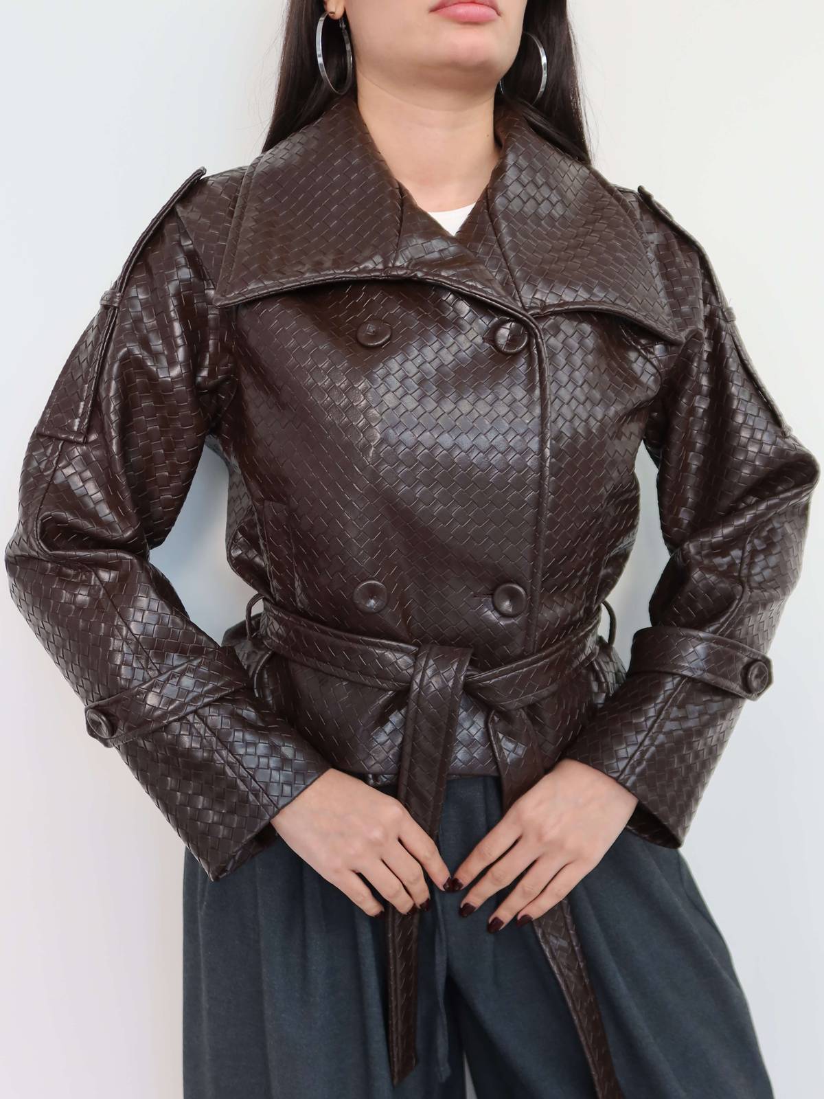 Wide Collar Belted Leather Jacket — photograph 3