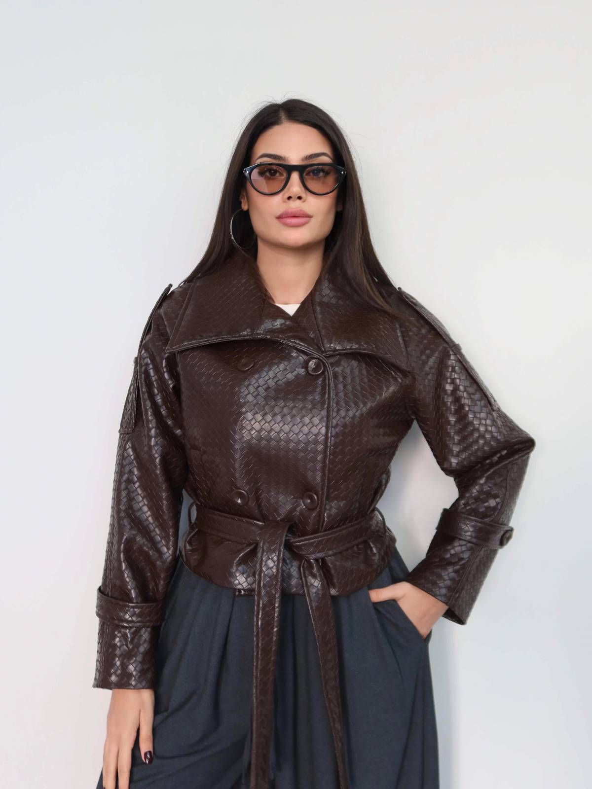 Wide Collar Belted Leather Jacket — photograph 1