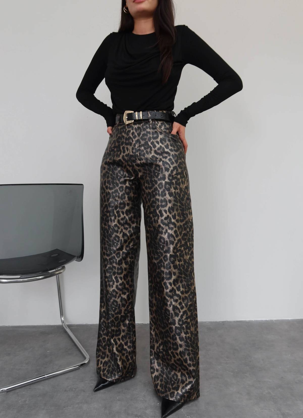 Waxed High Waist Wide Leg Trousers