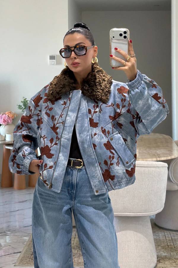 Floral Embroidered Fur Denim Bomber Jacket Blue