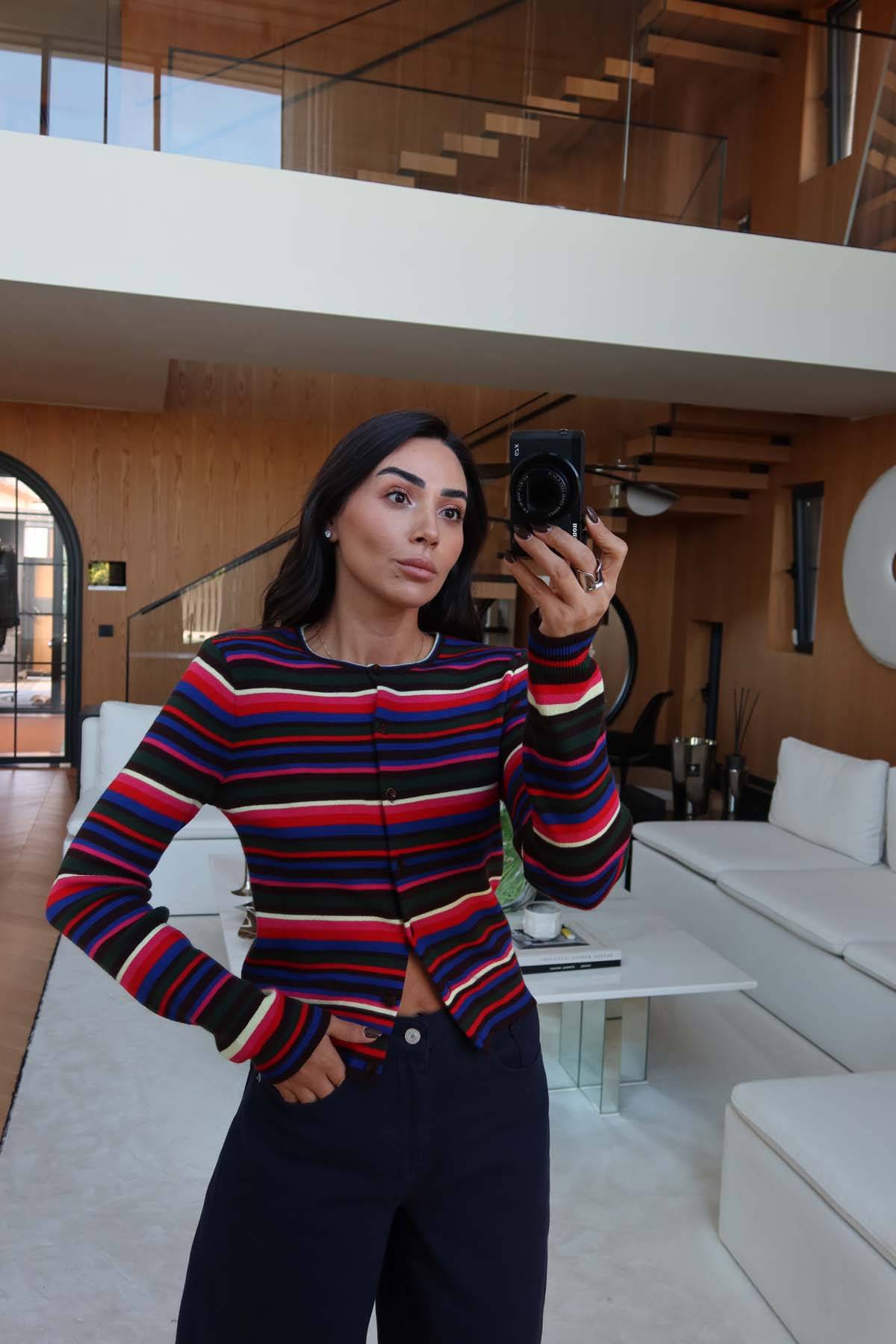 Crew Neck Striped Cardigan