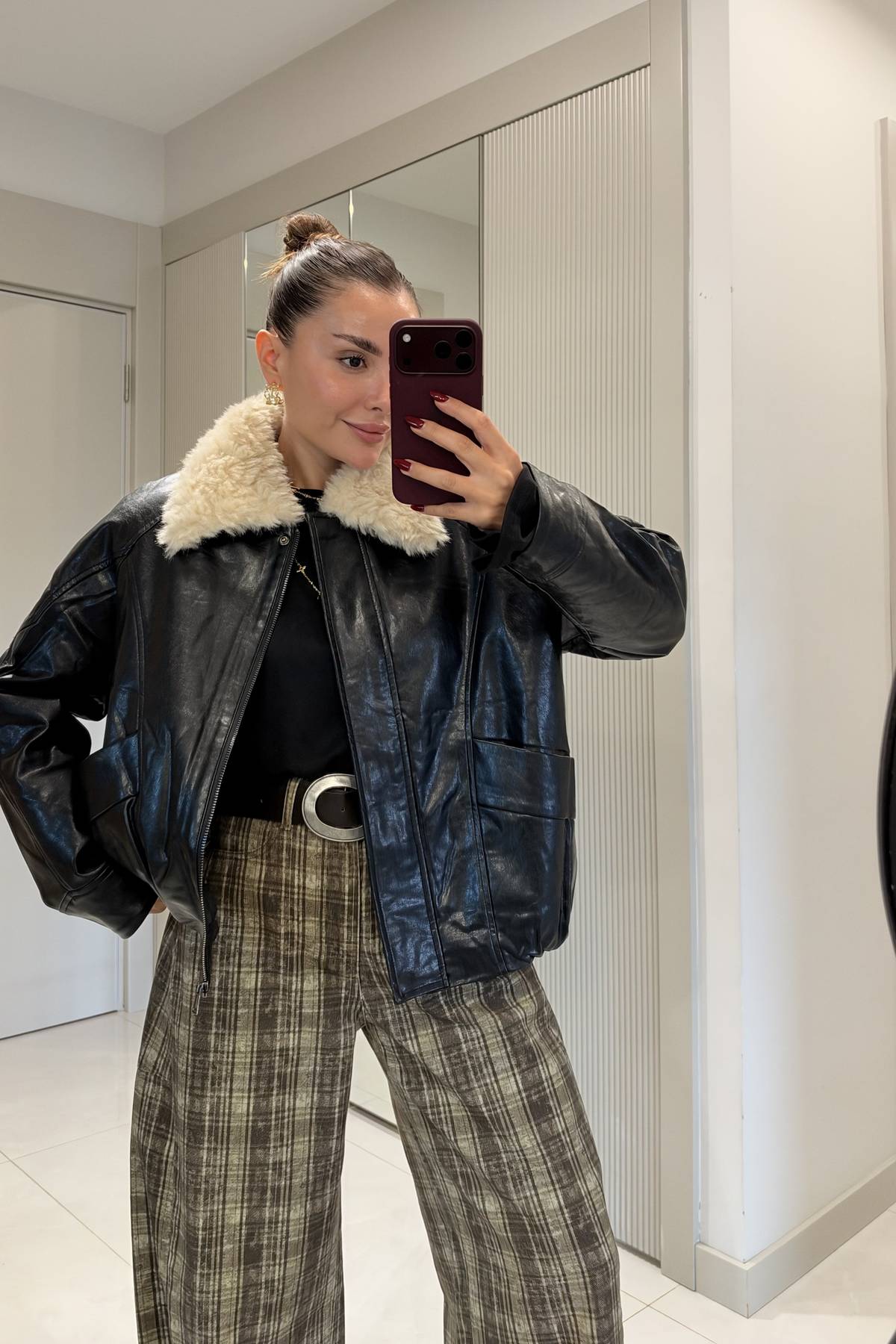 Roland Fur Collar Premium Leather Look Coat — photograph 2