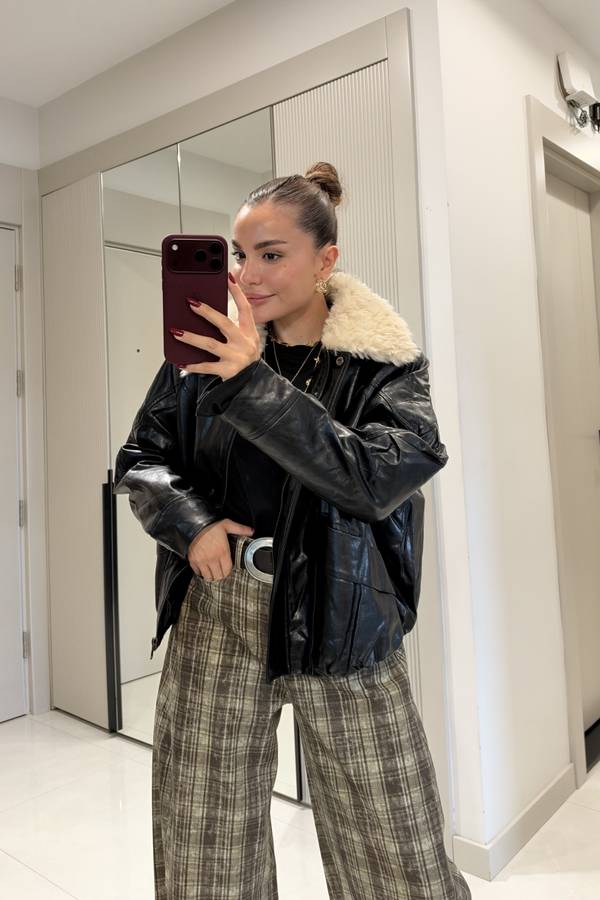 Roland Fur Collar Premium Leather Look Coat