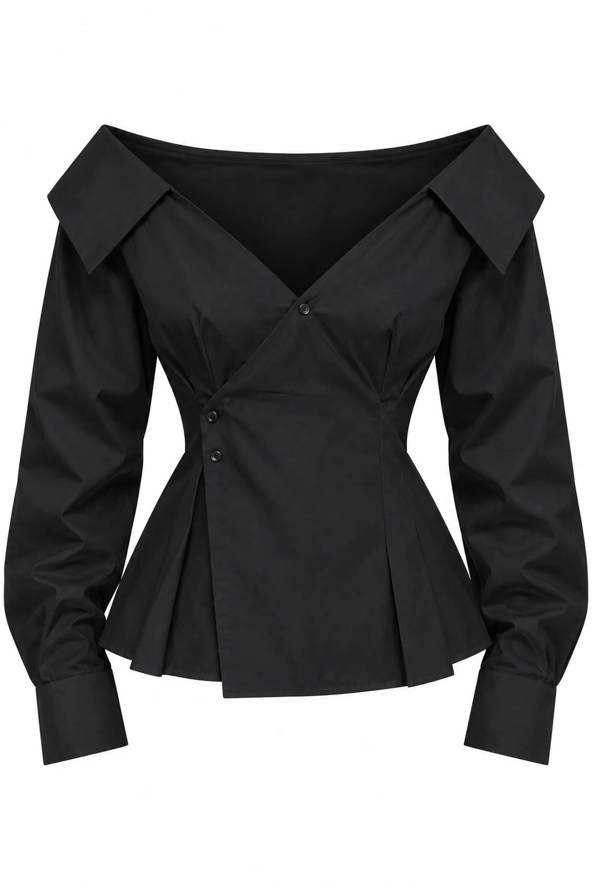 Button Pleat Detail Black Poplin Shirt