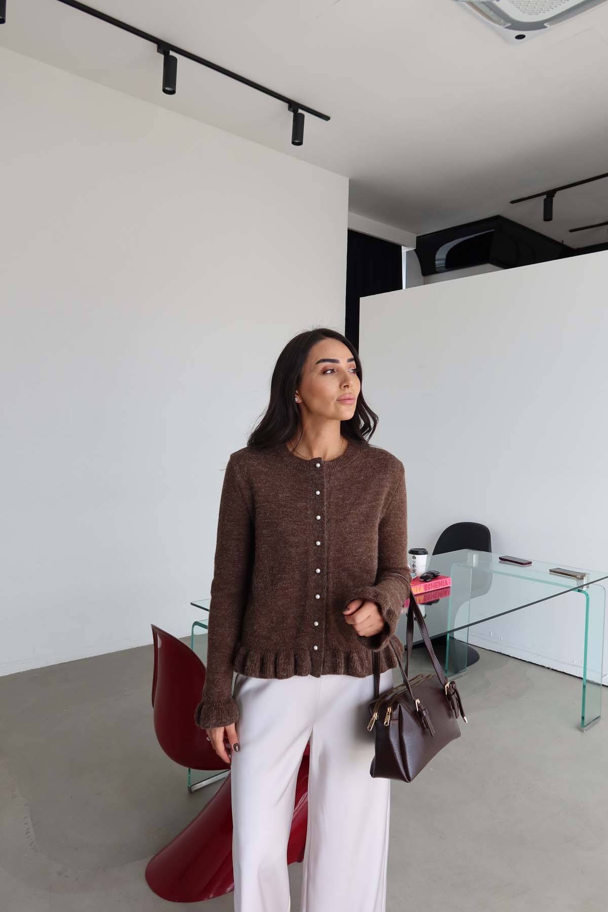 Ruffle Hem And Cuff Pearl Button Cardigan