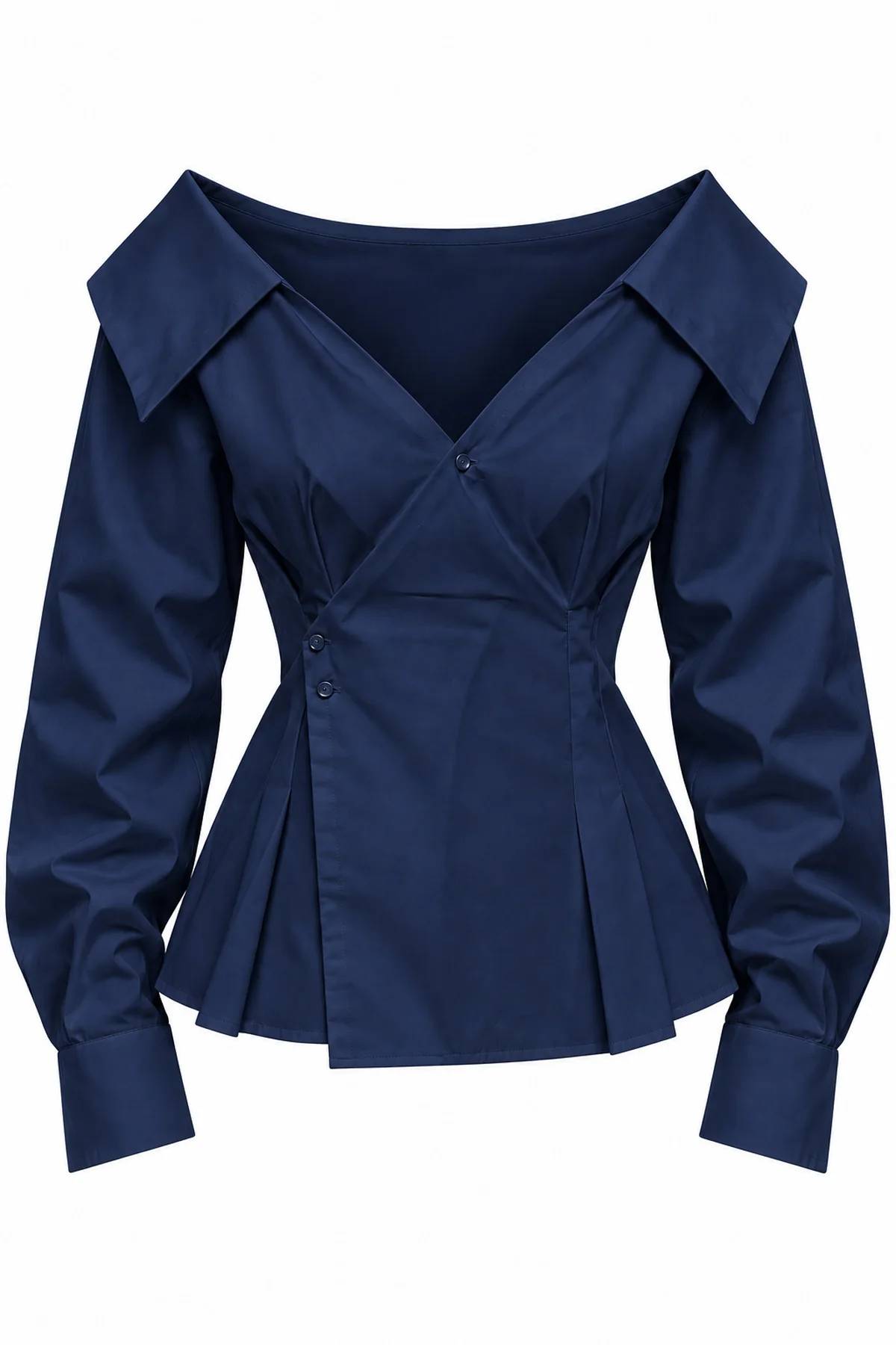Button Pleat Detail Navy Poplin Shirt