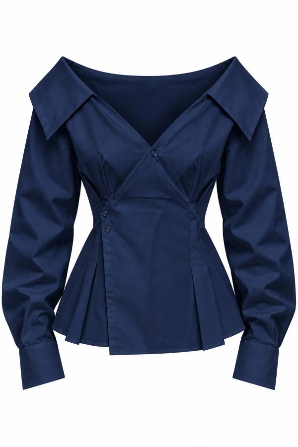 Button Pleat Detail Navy Poplin Shirt