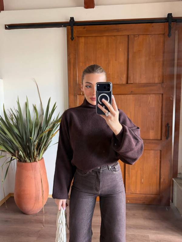 Wool Blend Stand Collar Batwing Sleeve Jumper