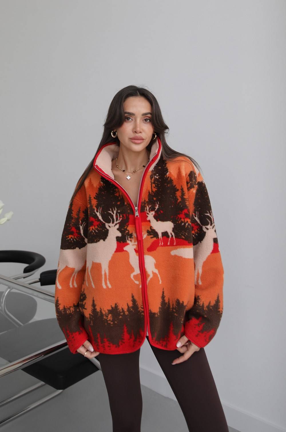 Deer Print Zip Fleece Jacket — photograph 3