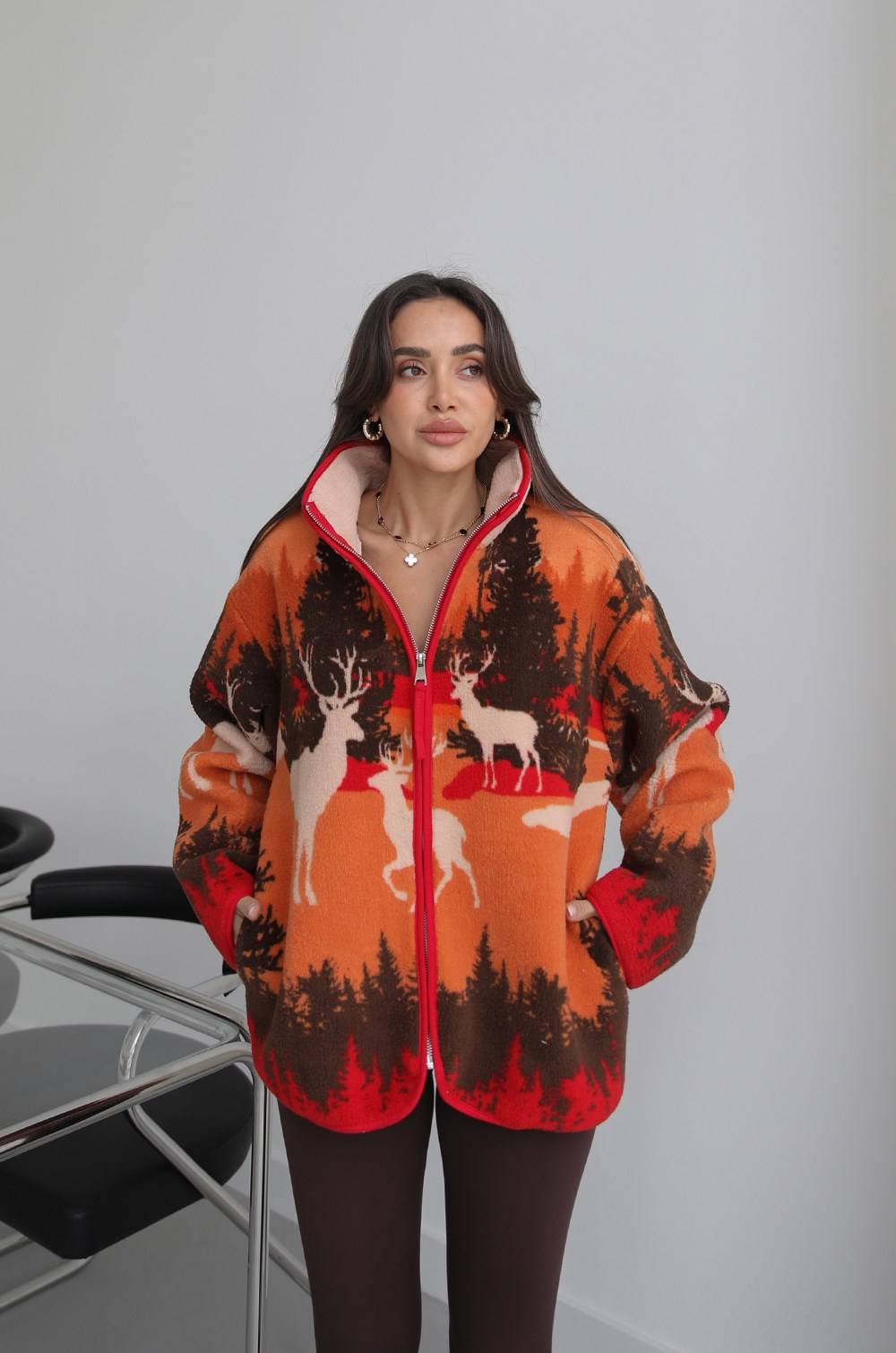 Deer Print Zip Fleece Jacket — photograph 4