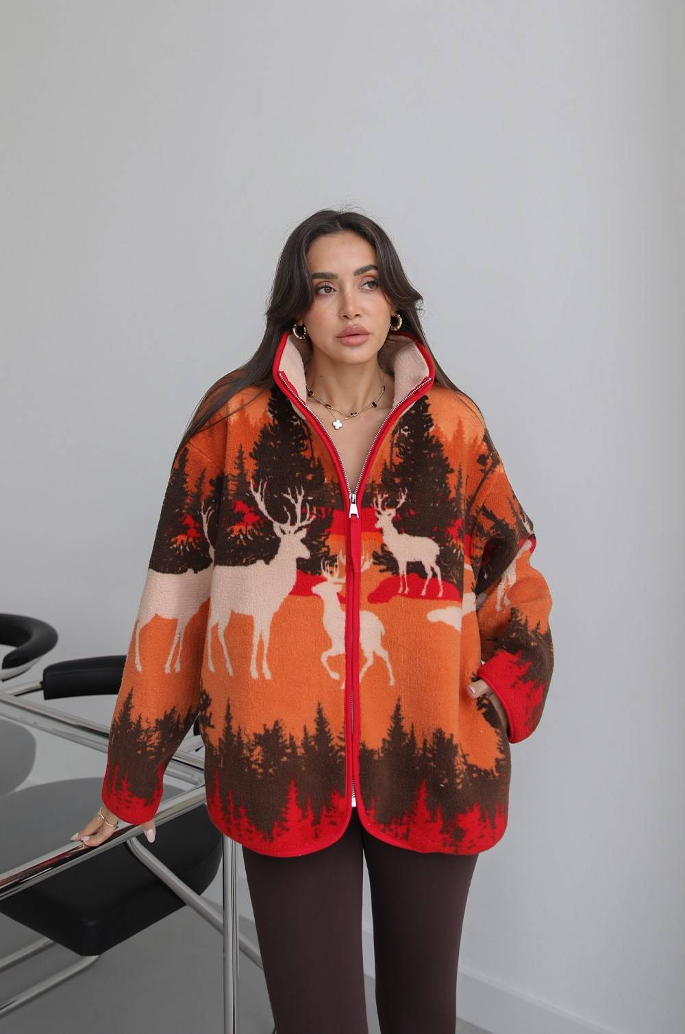 Deer Print Zip Fleece Jacket — photograph 1