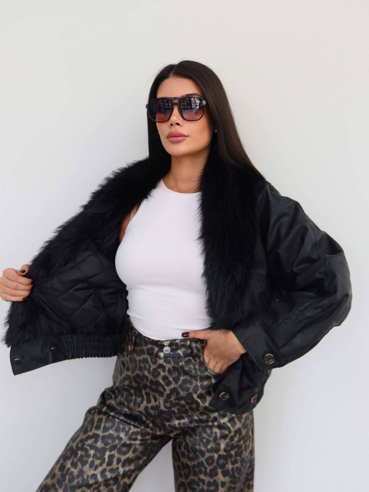 Fur Shawl Collar Leather Coat — photograph 2