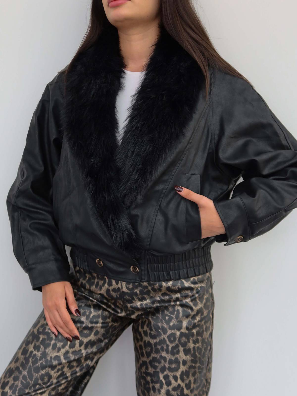 Fur Shawl Collar Leather Coat — photograph 3