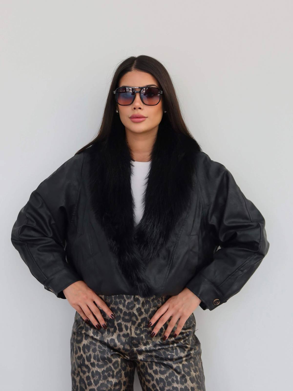 Fur Shawl Collar Leather Coat — photograph 4
