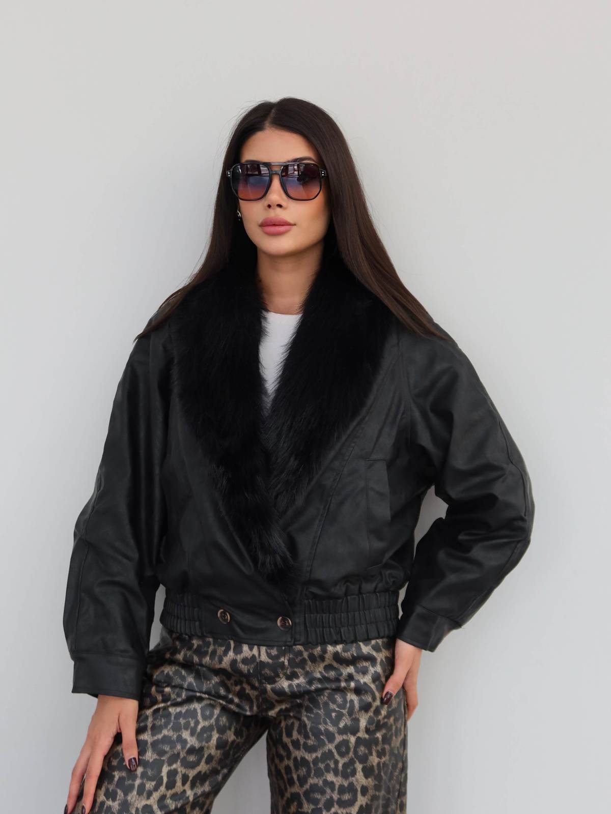 Fur Shawl Collar Leather Coat — photograph 1