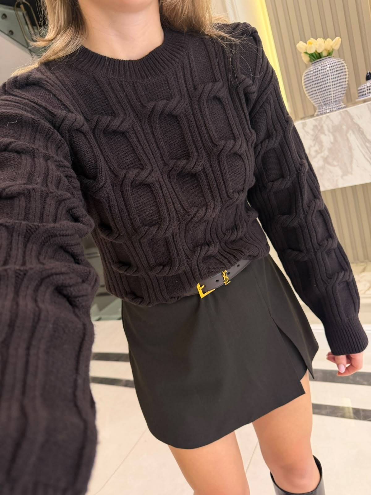 Dark Brown Crew Neck Detail Knit Jumper — photograph 3