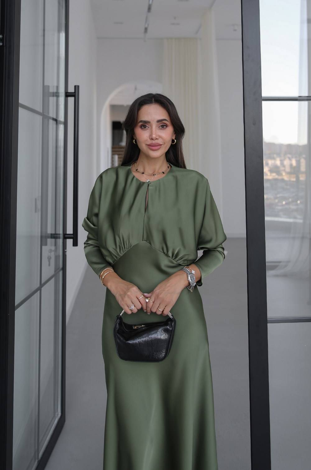 Khaki Bust Draped Satin Dress — photograph 2