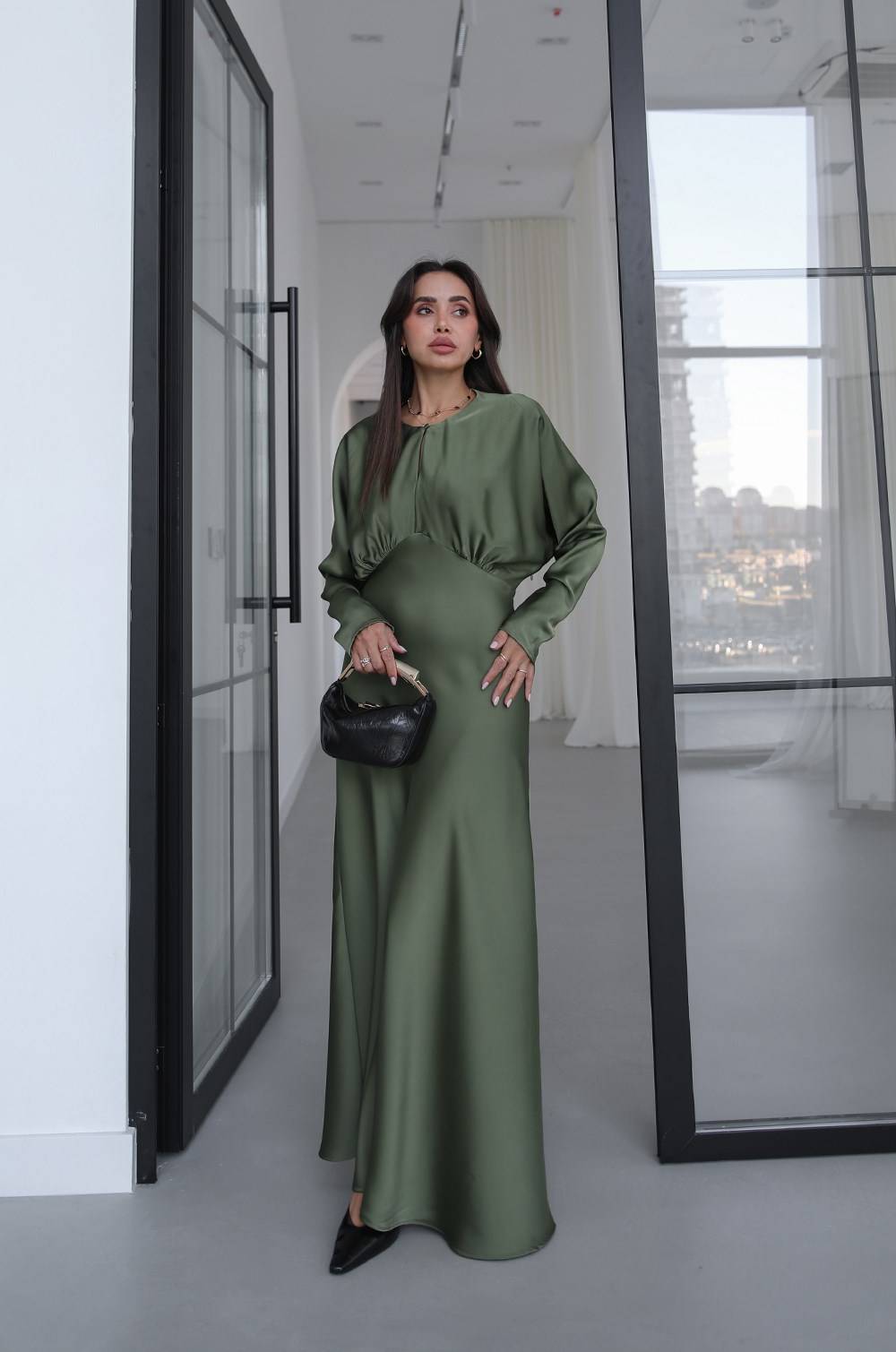 Khaki Bust Draped Satin Dress — photograph 3