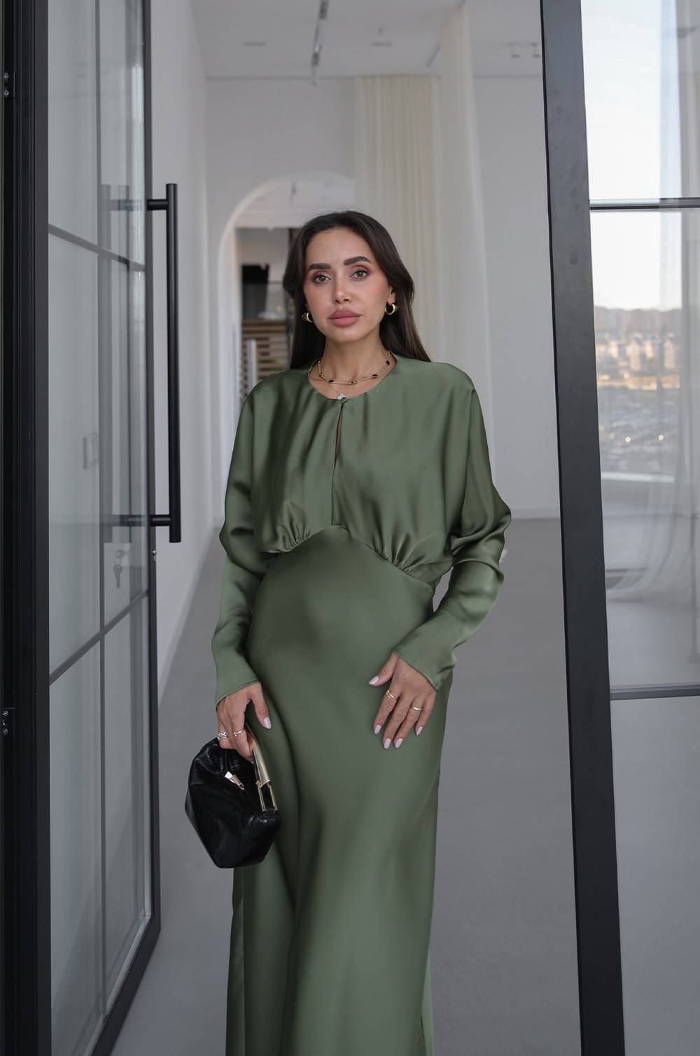 Khaki Bust Draped Satin Dress — photograph 4