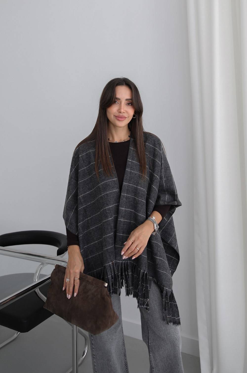 Checked Tasselled Poncho