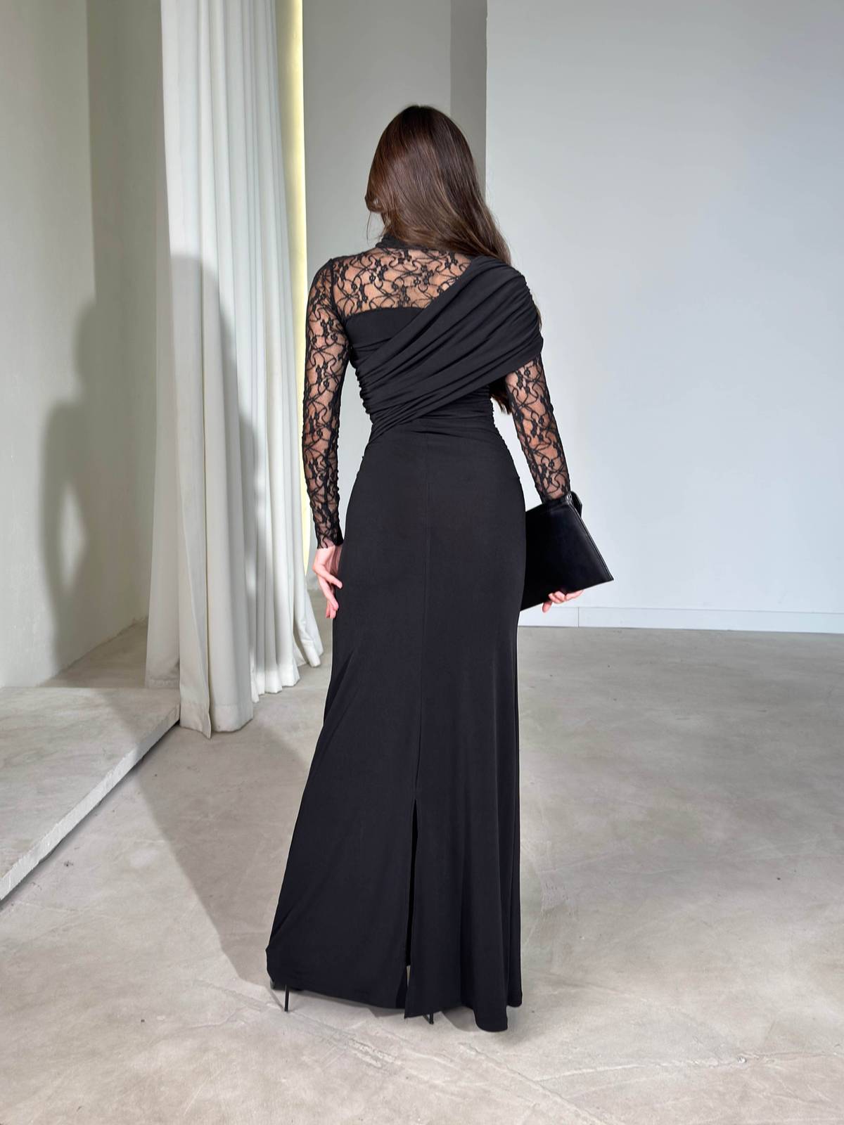 Side Draped Lace Detail Maxi Length Black Moana Dress — photograph 3