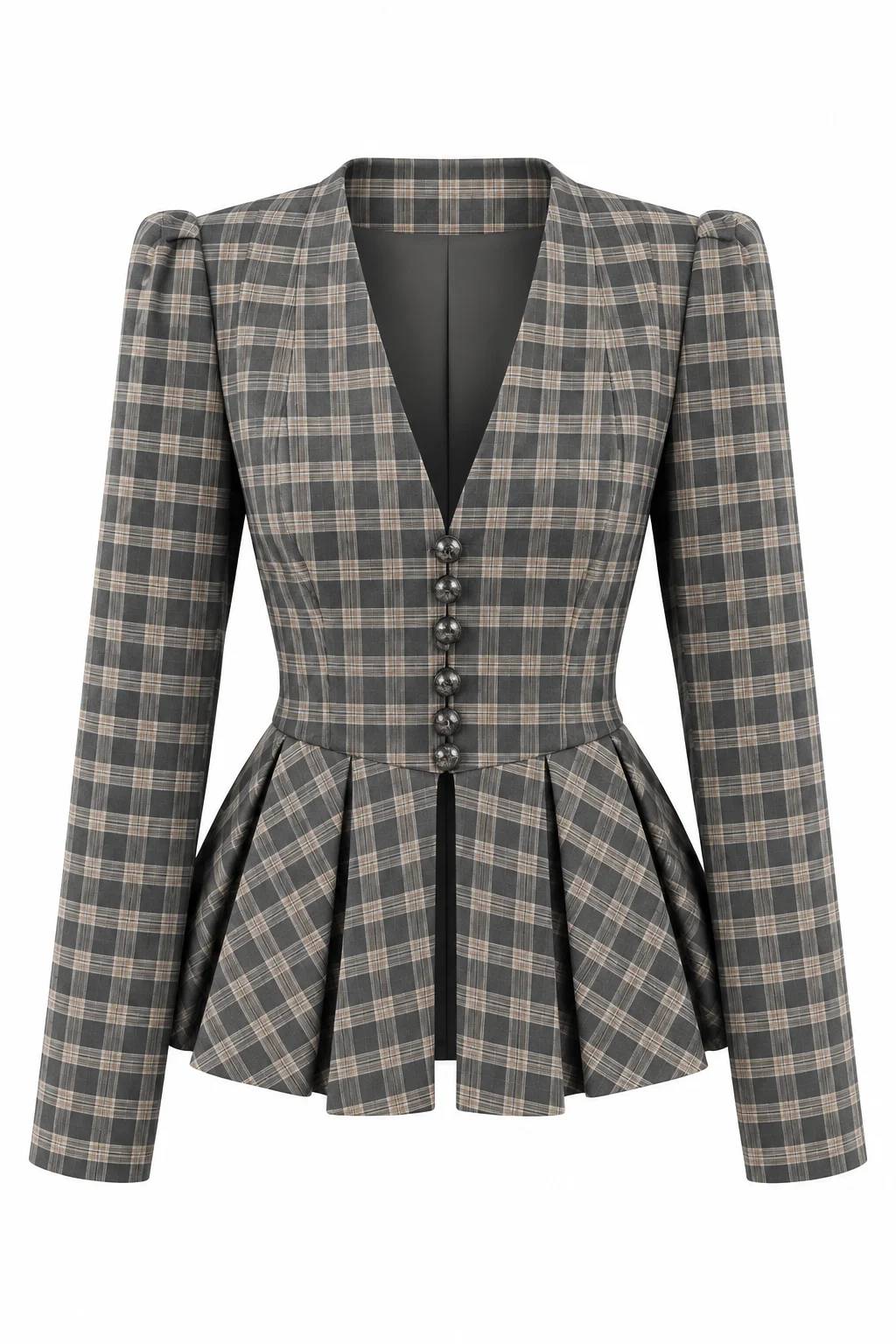 Charcoal Checked Pleated Peplum Jacket — photograph 2
