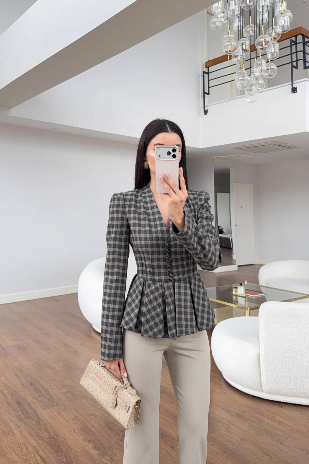 Plaid Pleated Peplum Jacket