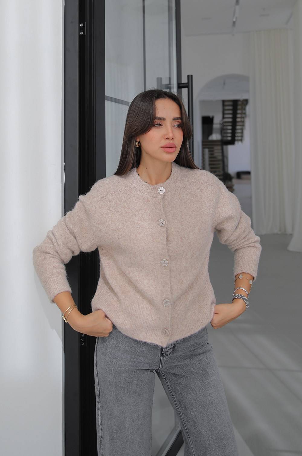 Beige Ilya Textured Knit Cardigan — photograph 2