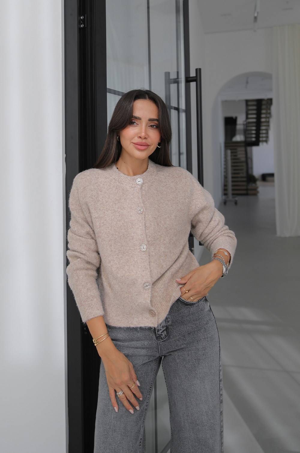 Beige Ilya Textured Knit Cardigan — photograph 3