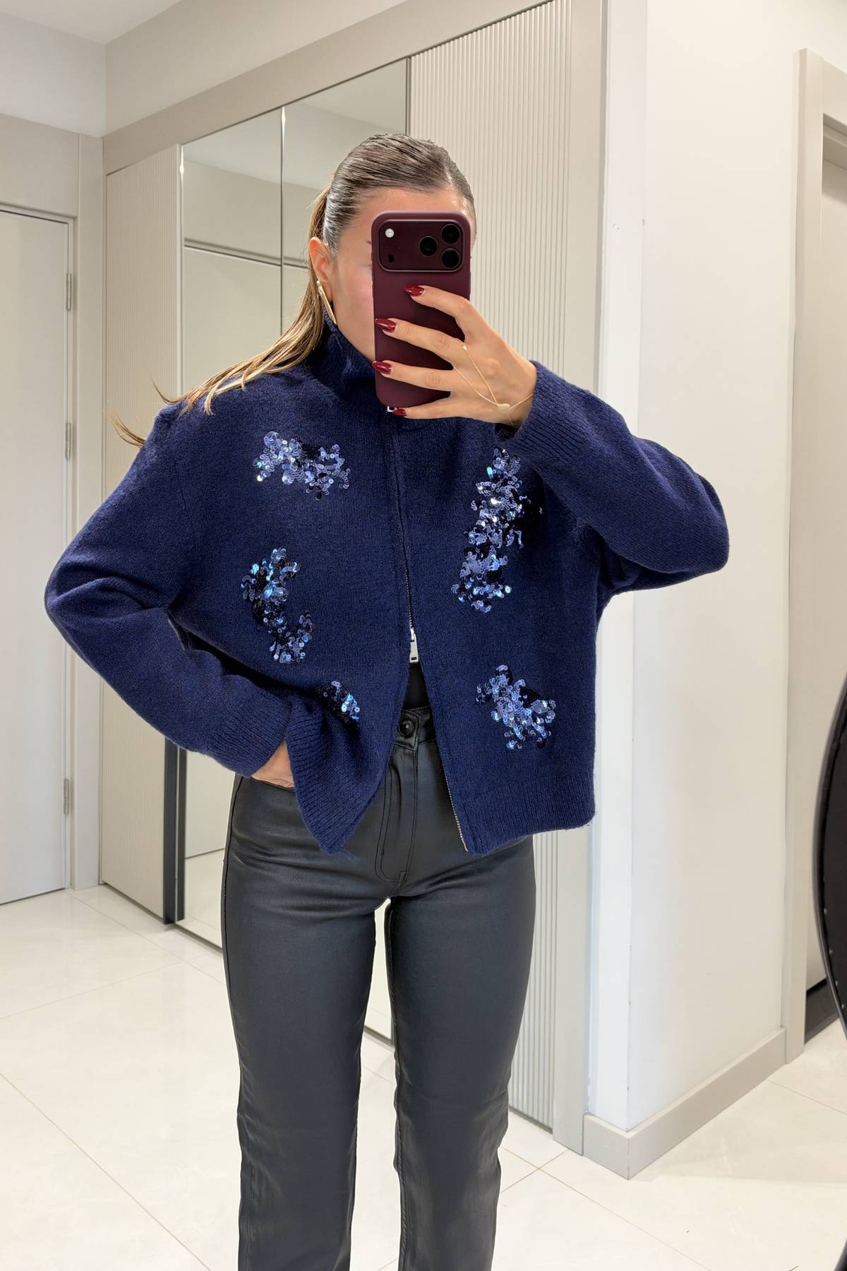 Senta Navy Sequin Floral Embroidered Zip Knit Cardigan — photograph 2