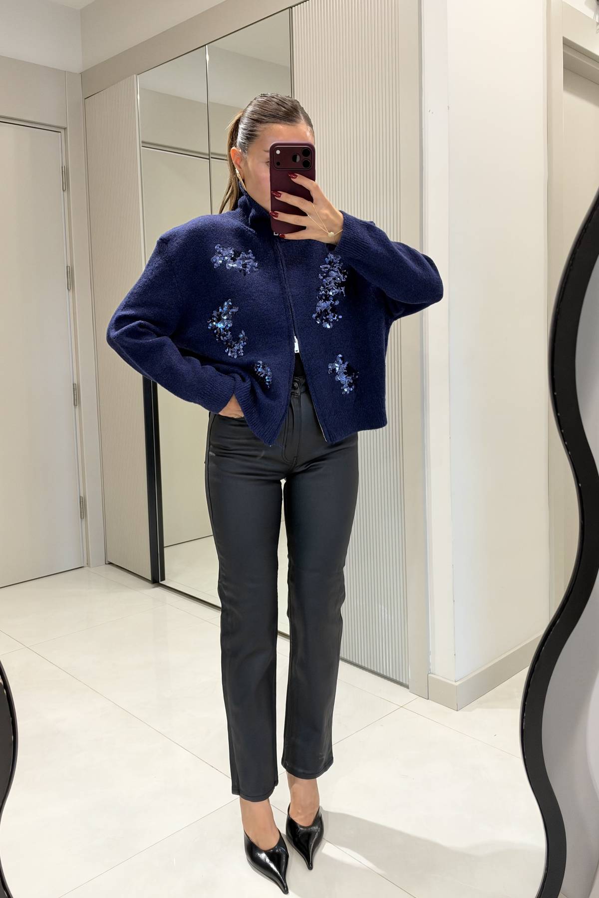 Senta Navy Sequin Floral Embroidered Zip Knit Cardigan — photograph 3