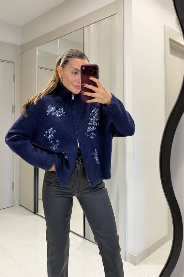 Senta Sequin Floral Embroidered Zip Knit Cardigan