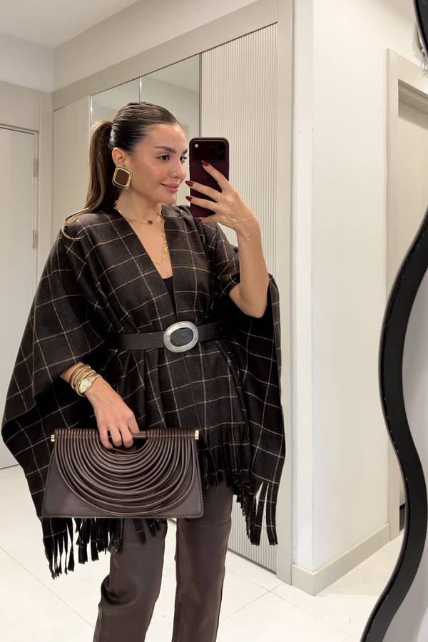 Liora Plaid Tassel Poncho