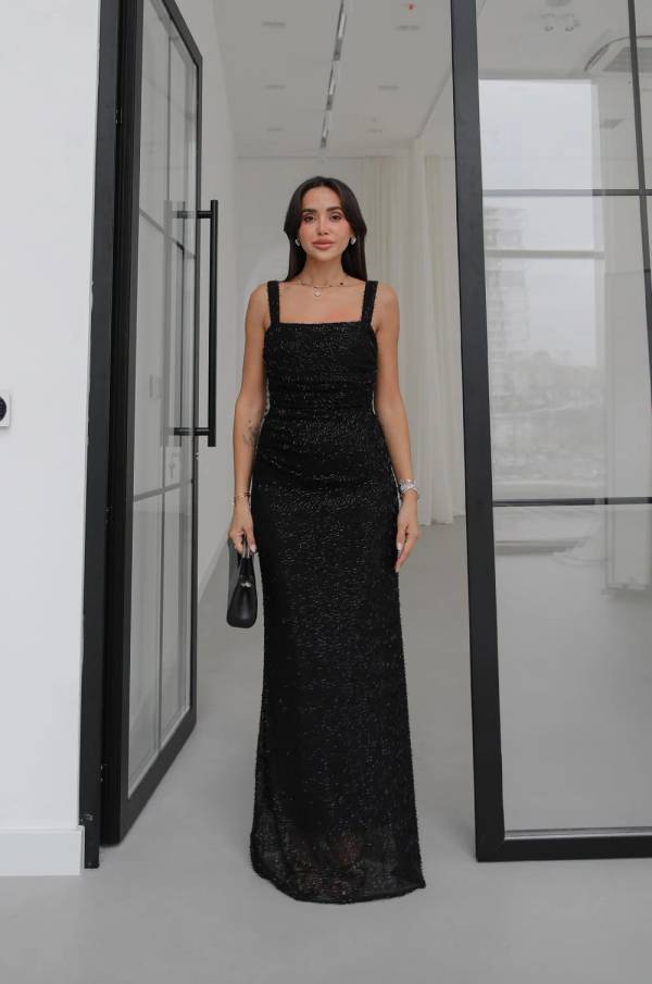 Square Neck Beaded Tulle Dress