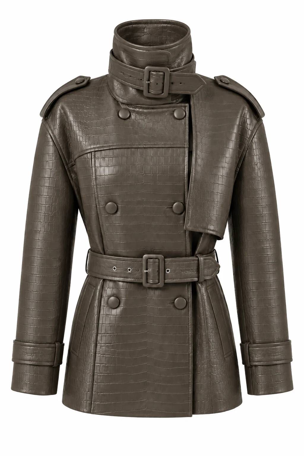 Khaki Croc Textured Leather Jacket — photograph 2