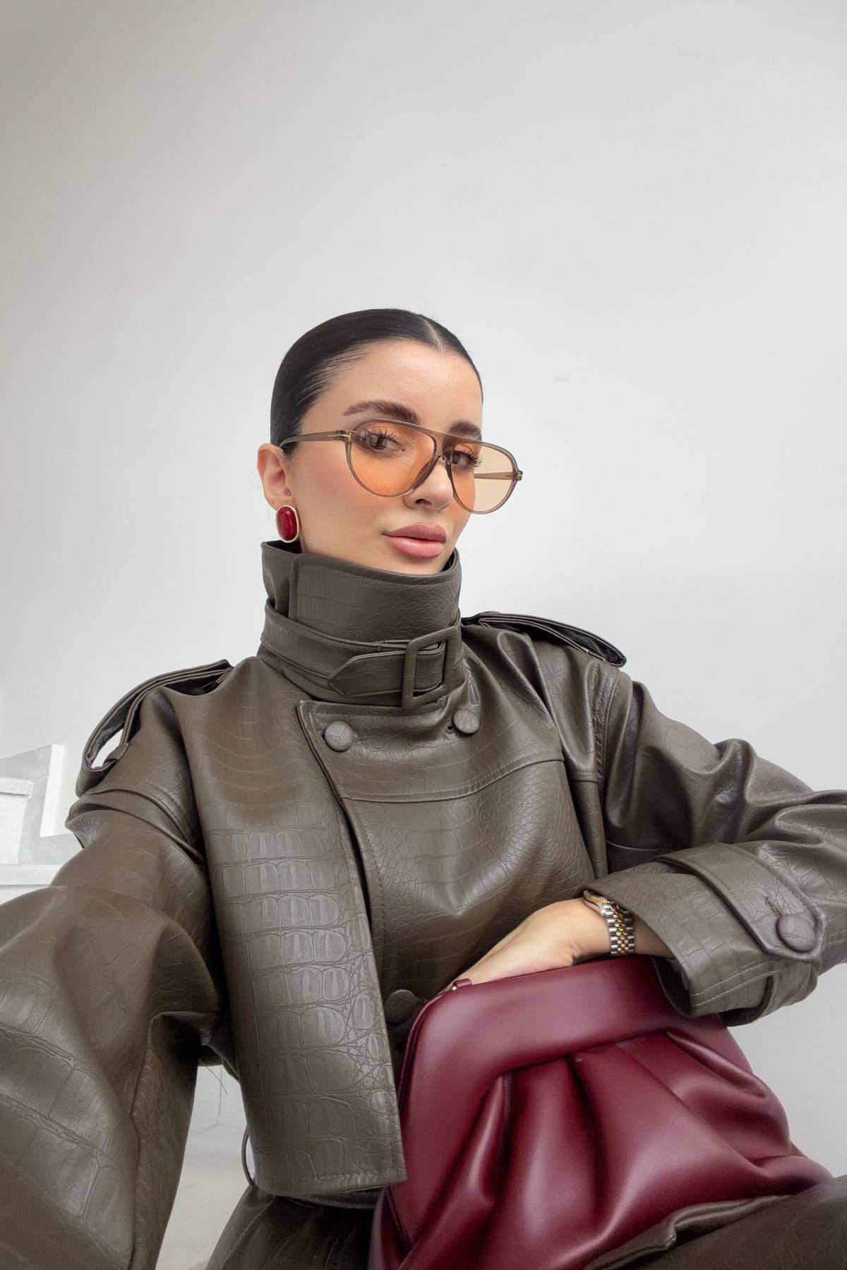 Khaki Croc Textured Leather Jacket — photograph 4