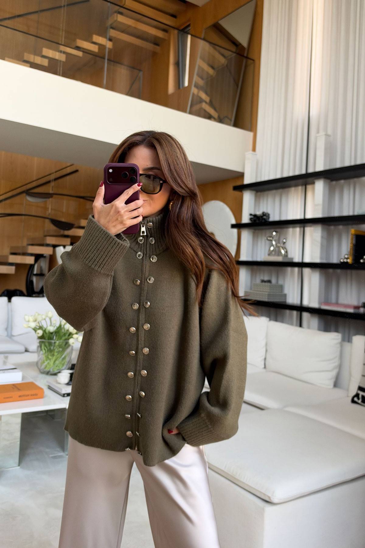 Metal Button Zip Cardigan