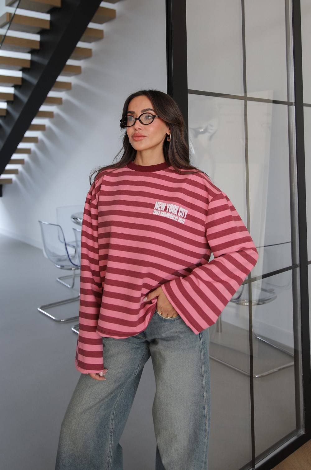 Pink Lettering Printed Striped Sweatshirt — photograph 2