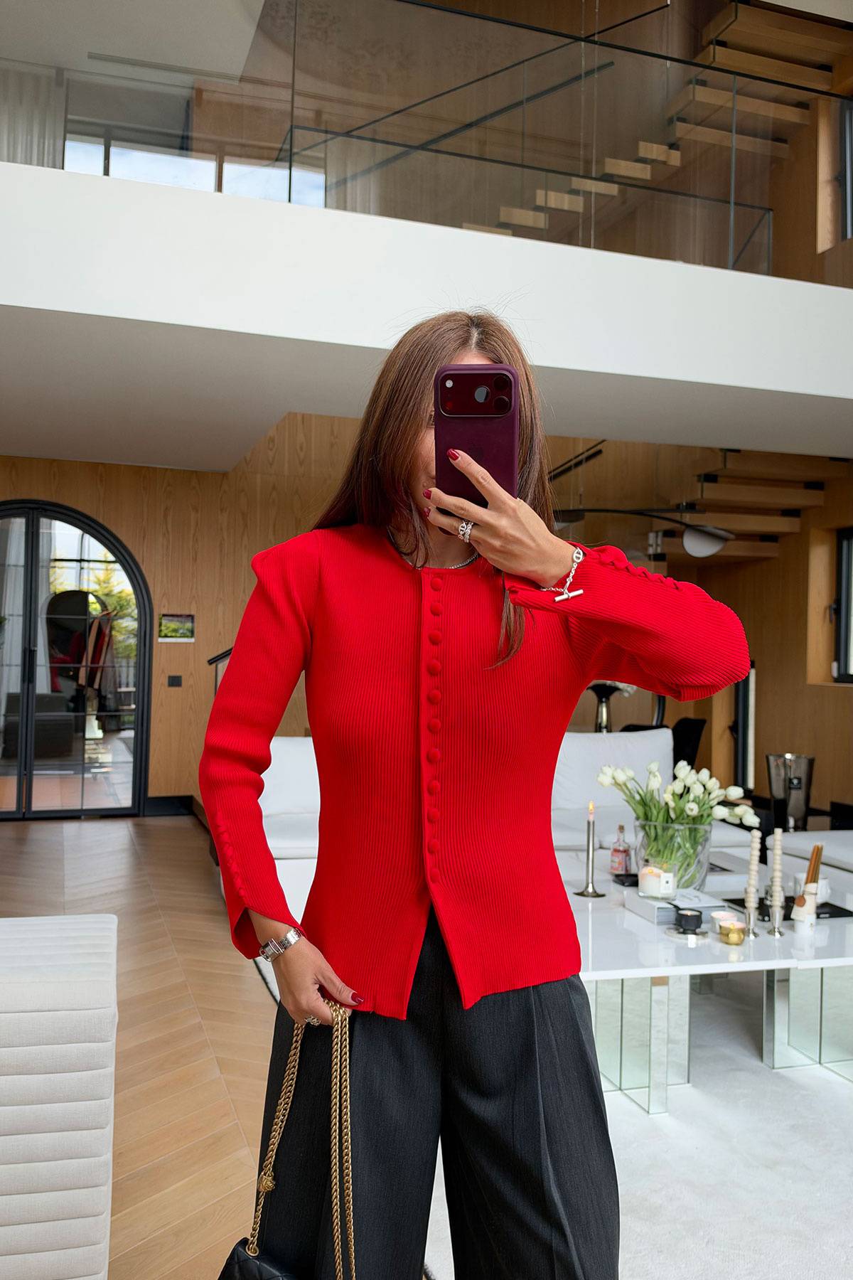 Flap Button Tie Sleeve Knit Cardigan