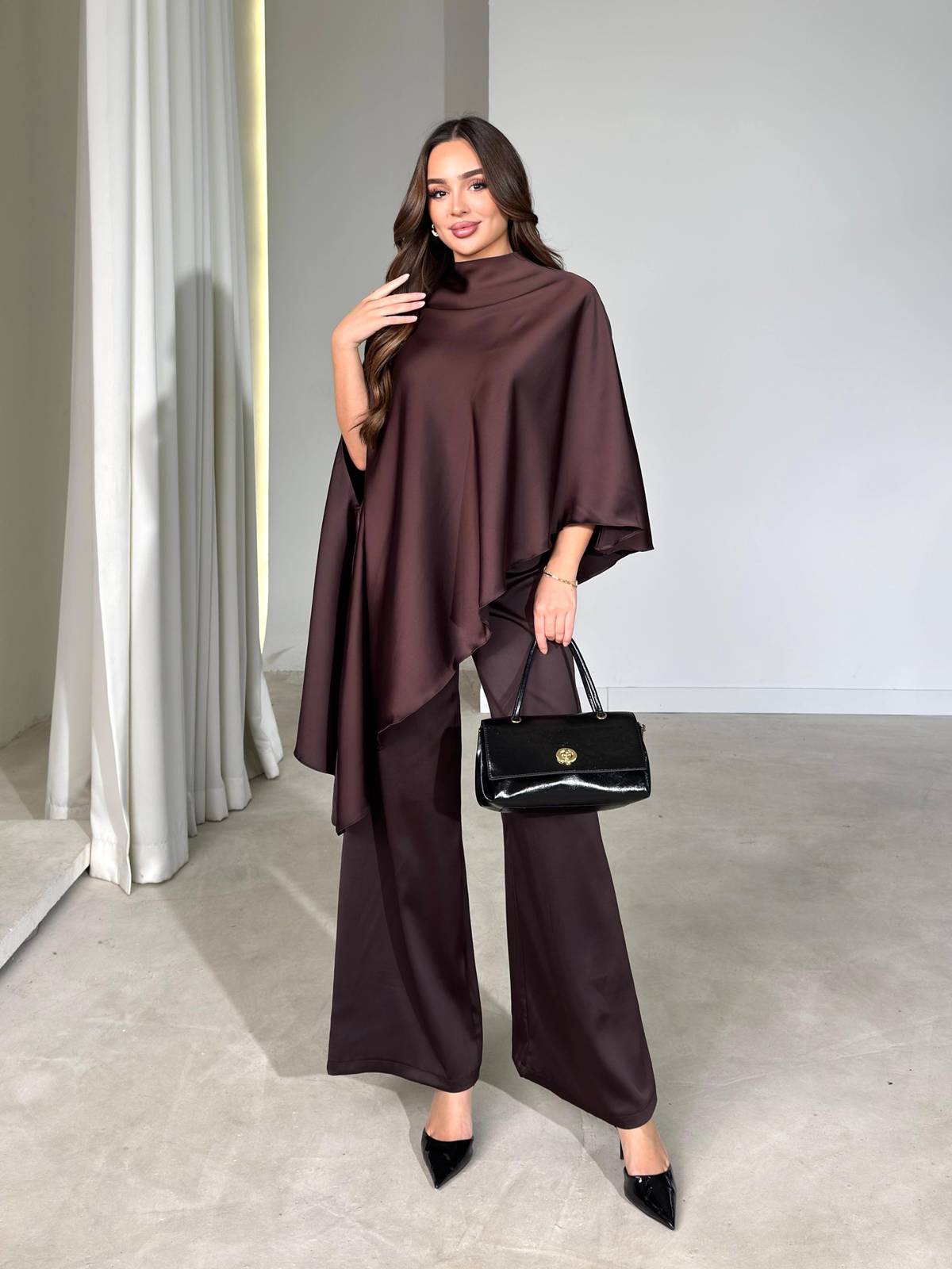 Asymmetric Blouse Satin Brown Carlo Two-Piece Set — photograph 2