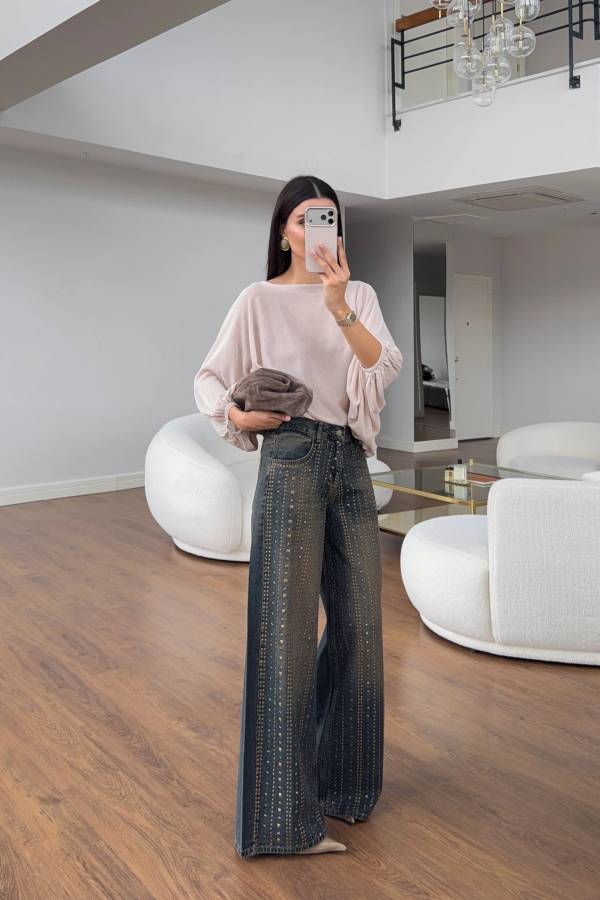 Vintage Wash Stud Embroidered Wide Leg Denim
