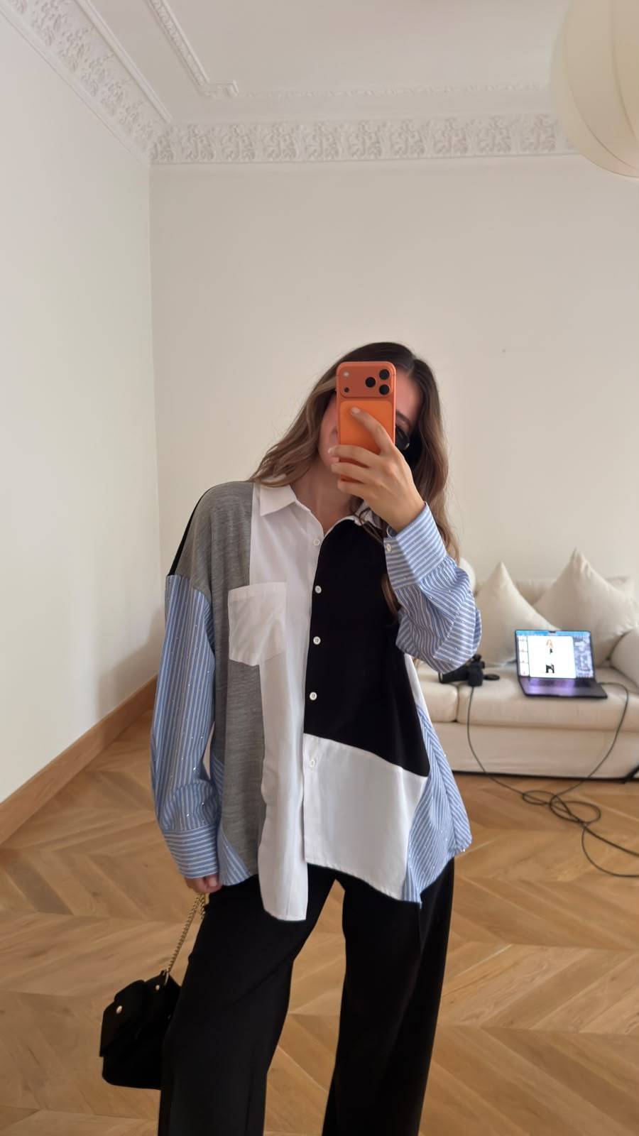 Blue Grey Shimmer Panel Detail Oversized Shirt — photograph 2