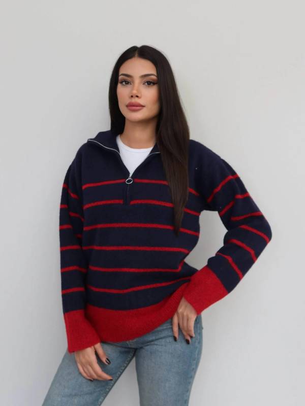 Half Zip Striped Knit Jumper