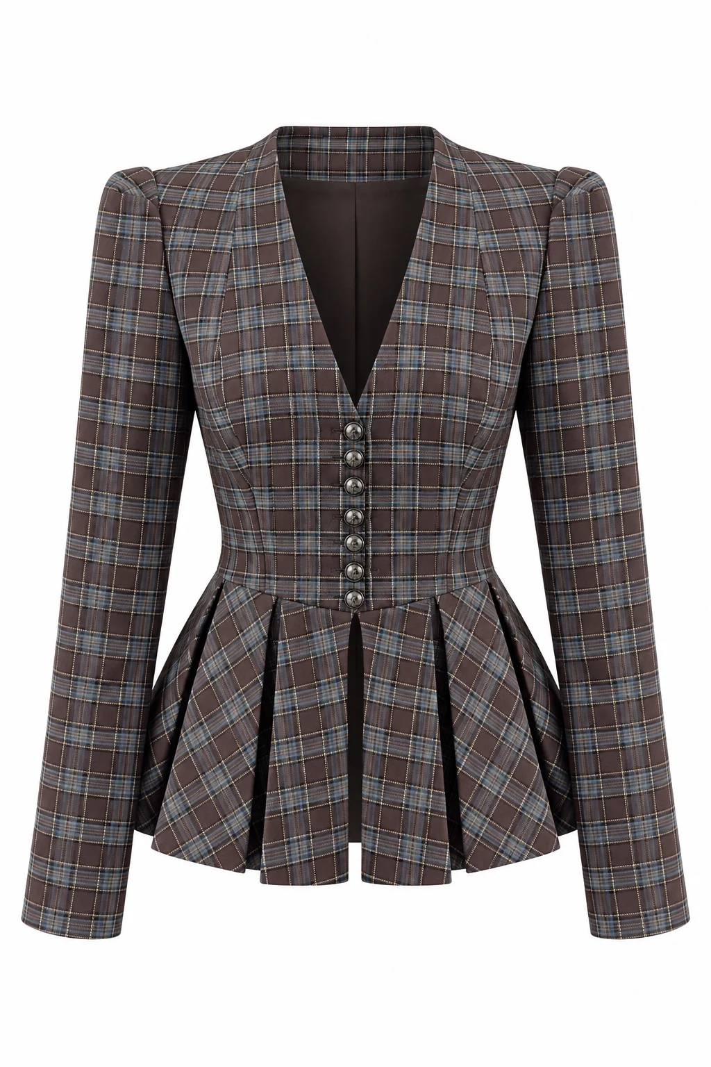 Brown Checked Pleated Peplum Jacket — photograph 2