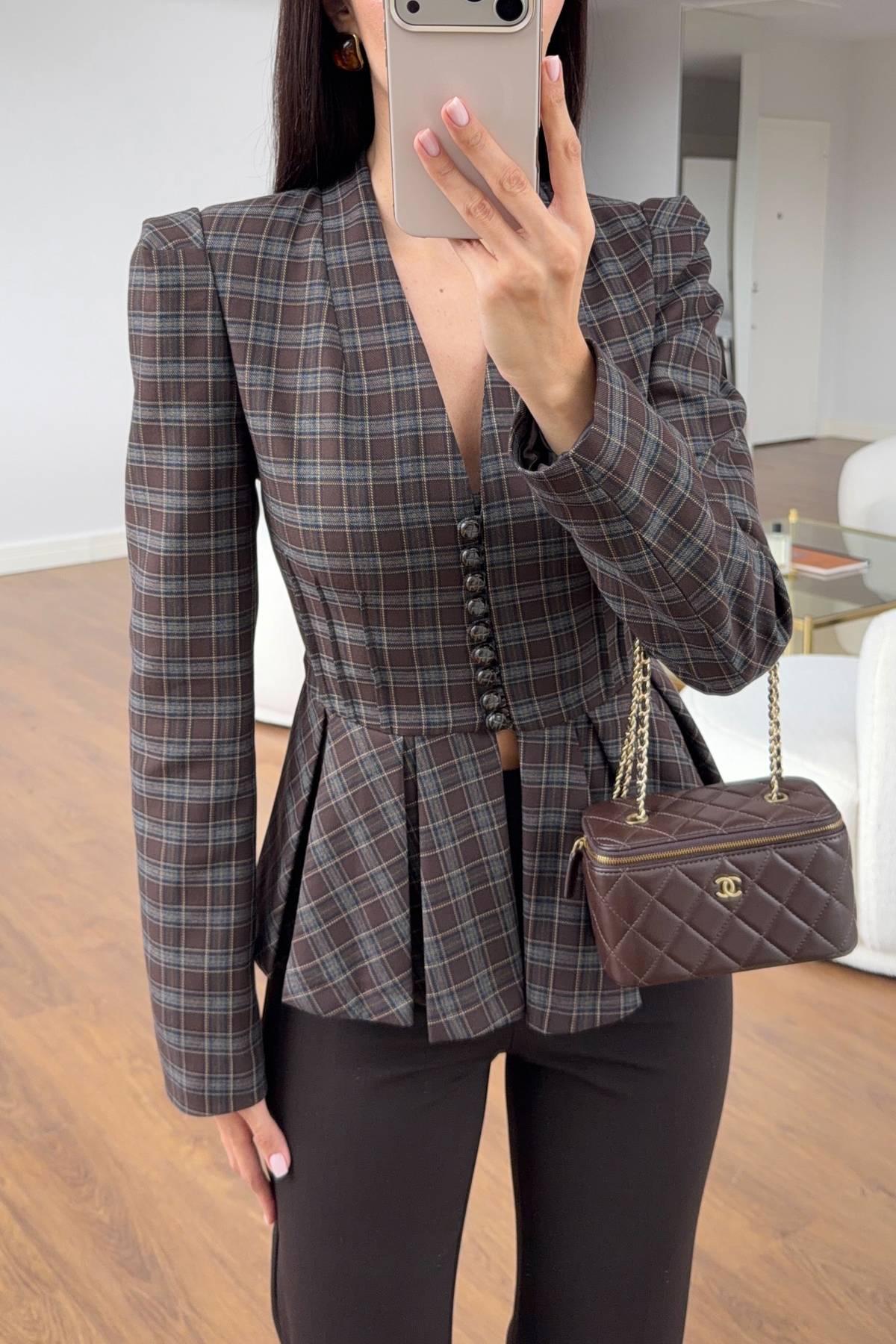 Brown Checked Pleated Peplum Jacket — photograph 3